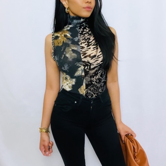 Fuzzi Tops - Fuzzi | Black and Brown Sleeveless Turtleneck Patch Fabric Top M
